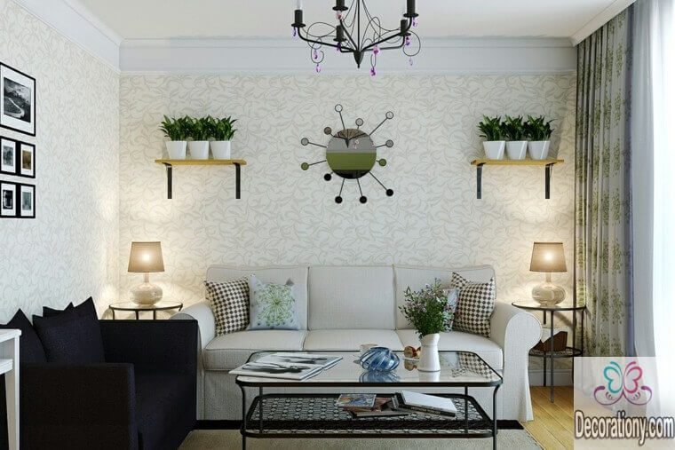 Living room wall decor ideas by using mirrors and floating shelves