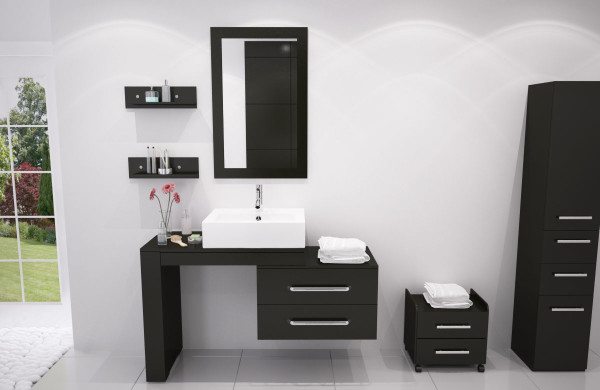 furniture-fantastic-small-black-bathroom-wall-cabinet-with-stainless-steel-drawer-pulls-hardware-under-floating-vanity-shelf-and-rectangular-porcelain-vessel-sink-also-framed-mirrors-600x390