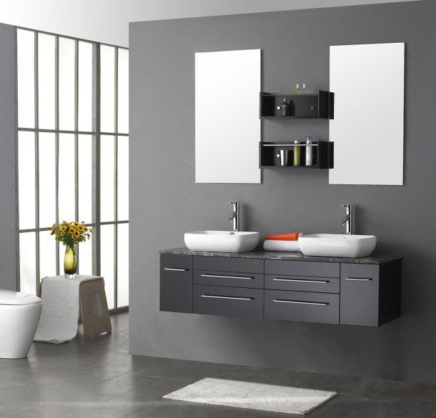 modern-double-bathroom-vanities-with-grey-floating-sink-vanities-combined-with-granite-top-and-double-vessel-sinks-also-wakk-mounted-rectangular-mirror-610x585
