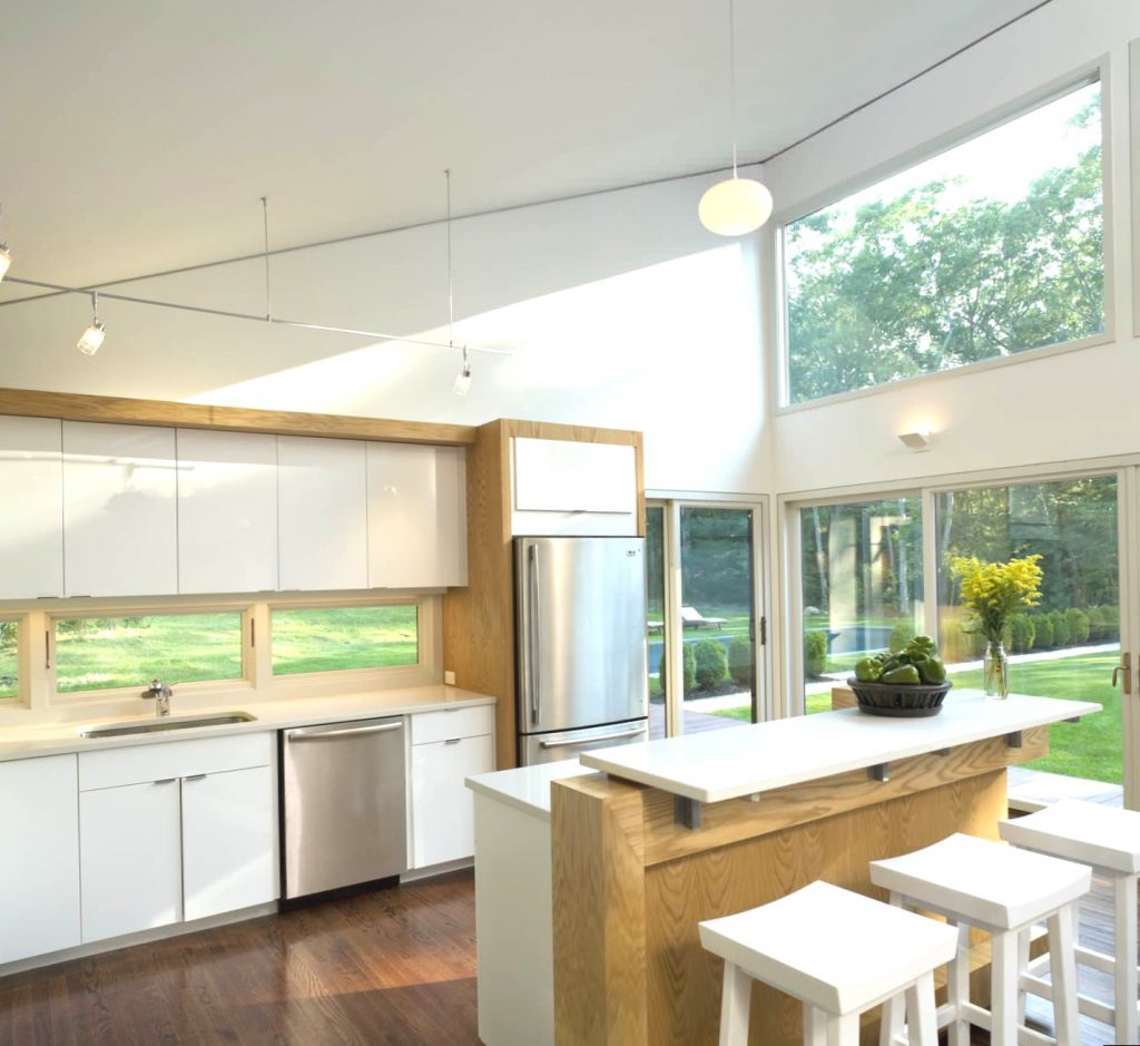 large kitchen island with sloping side panel